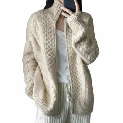 Women's Cable-Knit Cardigan with Stand Collar and Zip Closure