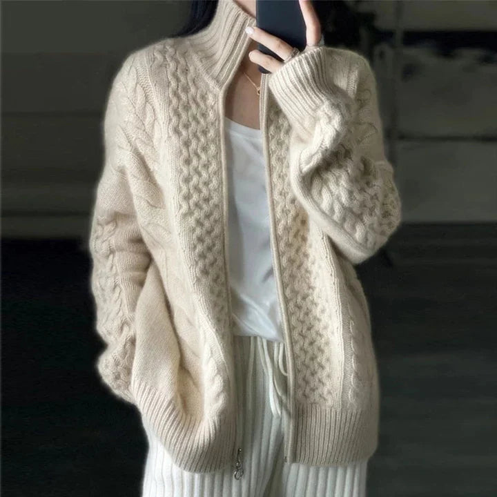 Women's Cable-Knit Cardigan with Stand Collar and Zip Closure