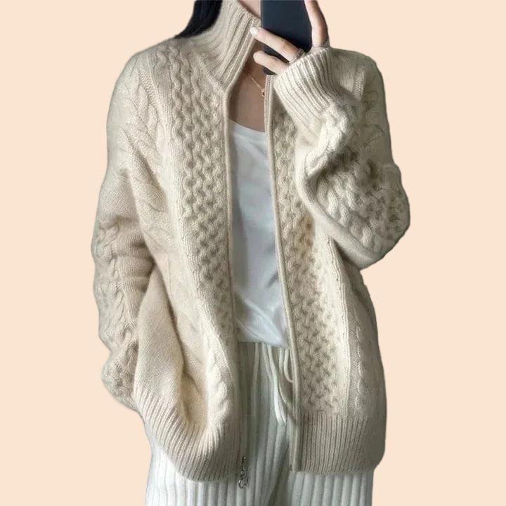 Women's Cable-Knit Cardigan with Stand Collar and Zip Closure