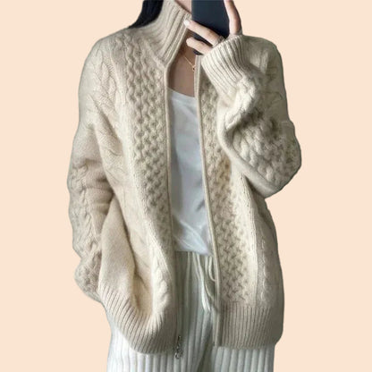 Women's Cable-Knit Cardigan with Stand Collar and Zip Closure