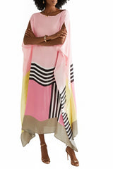Women's Caftan Maxi Dress with Batwing Cape Sleeves and Geometric Print