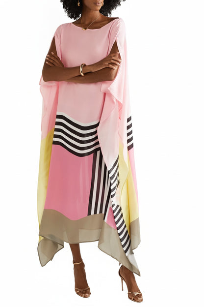 Women's Caftan Maxi Dress with Batwing Cape Sleeves and Geometric Print
