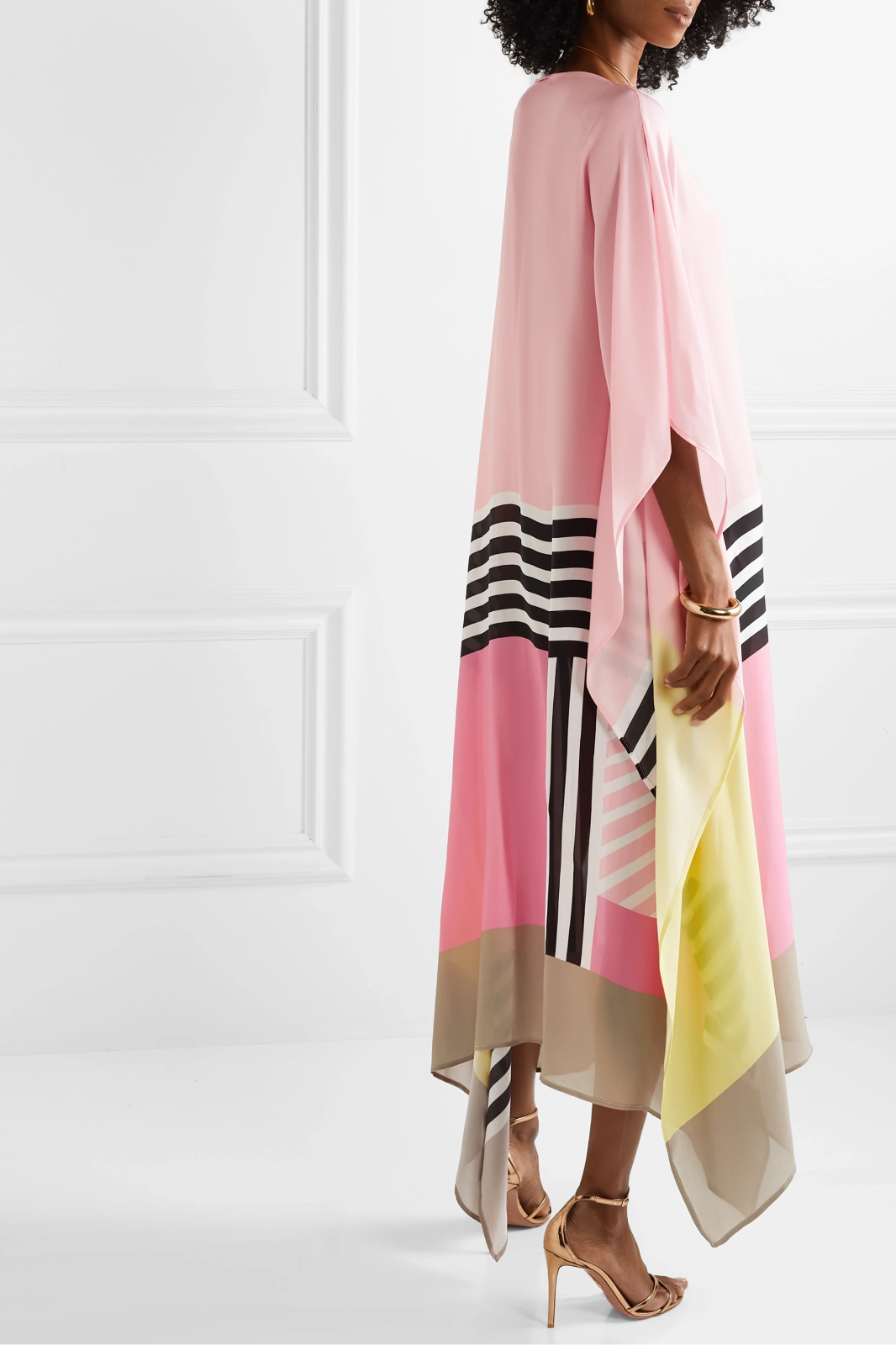 Women's Caftan Maxi Dress with Batwing Cape Sleeves and Geometric Print