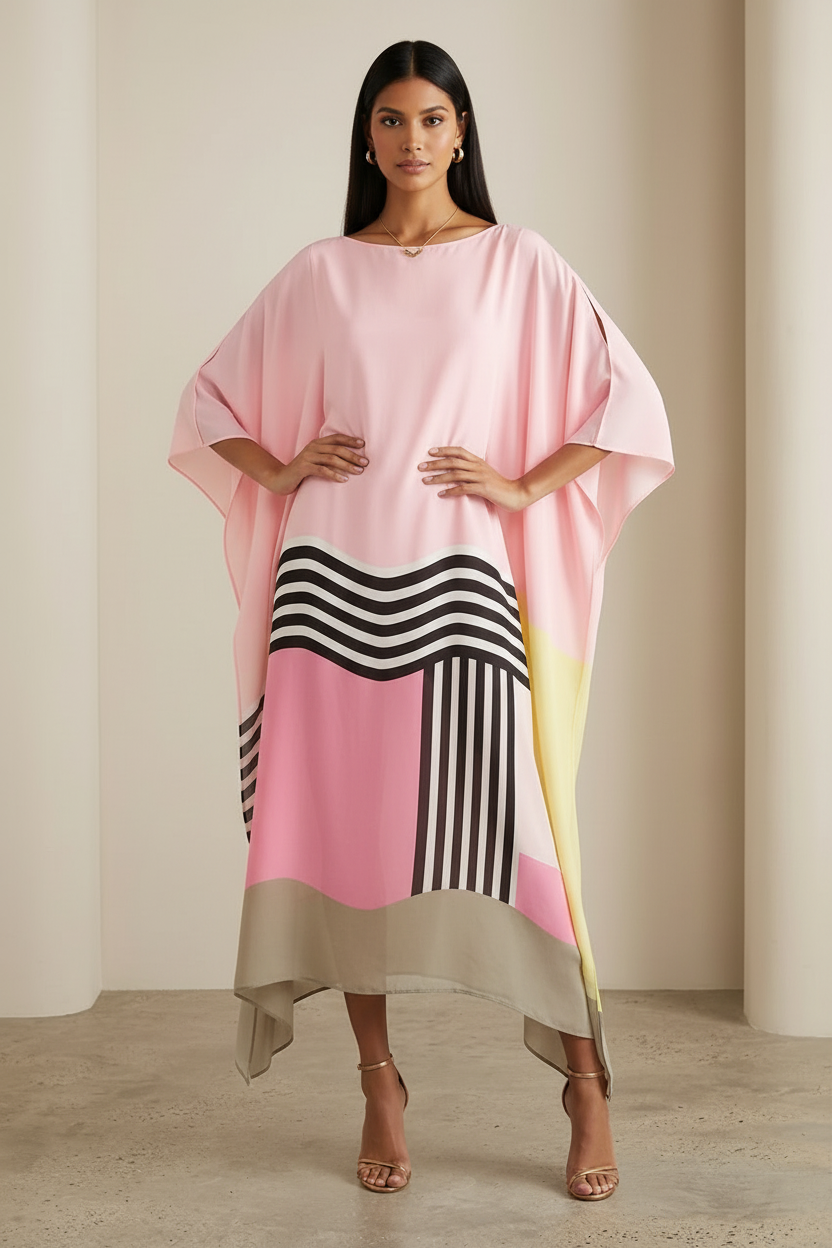 Women's Caftan Maxi Dress with Batwing Cape Sleeves and Geometric Print