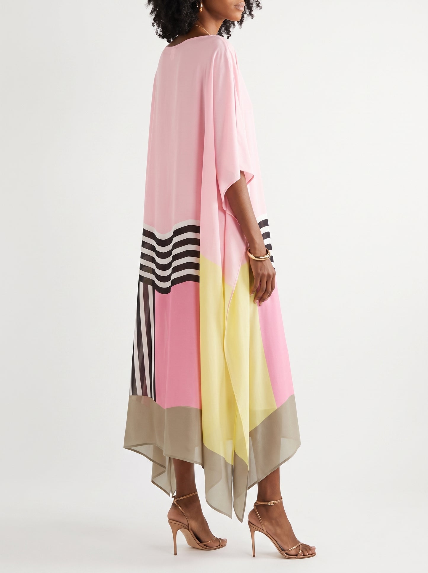 Women's Caftan Maxi Dress with Batwing Cape Sleeves and Geometric Print