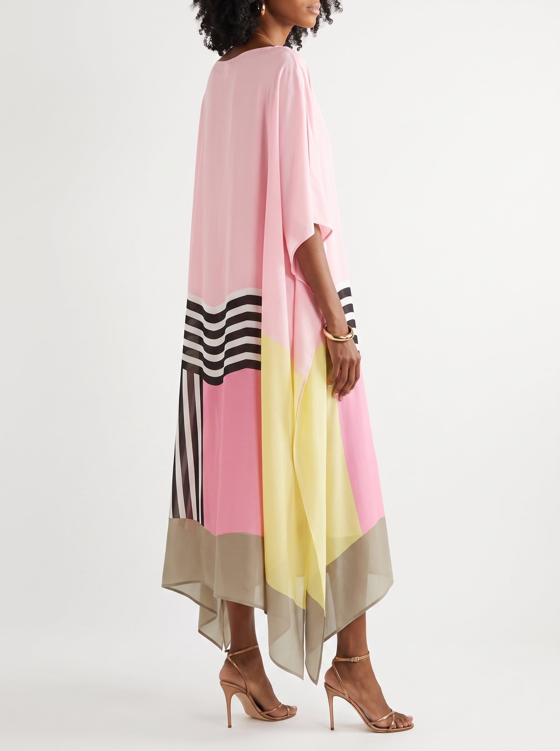 Women's Caftan Maxi Dress with Batwing Cape Sleeves and Geometric Print