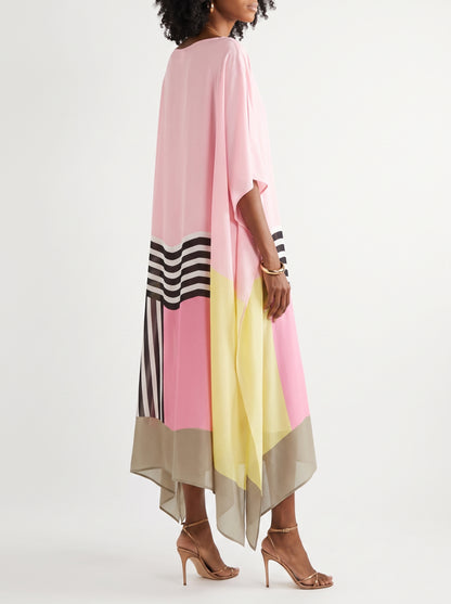 Women's Caftan Maxi Dress with Batwing Cape Sleeves and Geometric Print