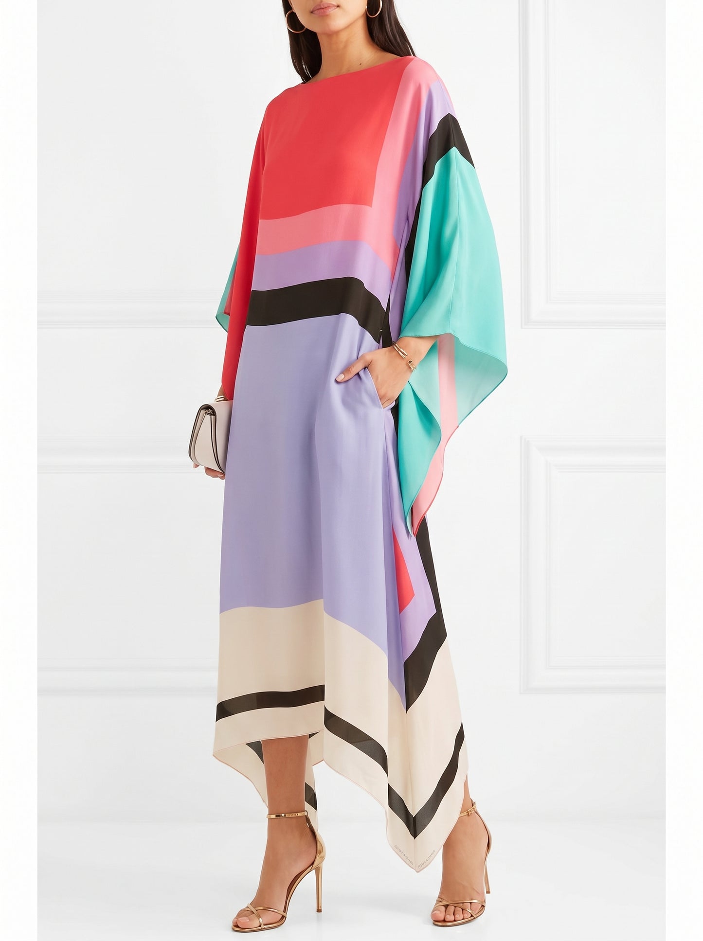 Women's Caftan Maxi Dress with Batwing Cape Sleeves and Geometric Print