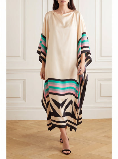 Women's Caftan Maxi Dress with Batwing Cape Sleeves and Geometric Print