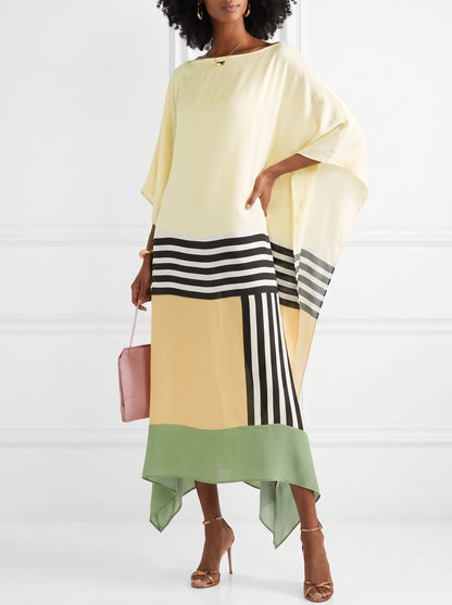 Women's Caftan Maxi Dress with Batwing Cape Sleeves and Geometric Print