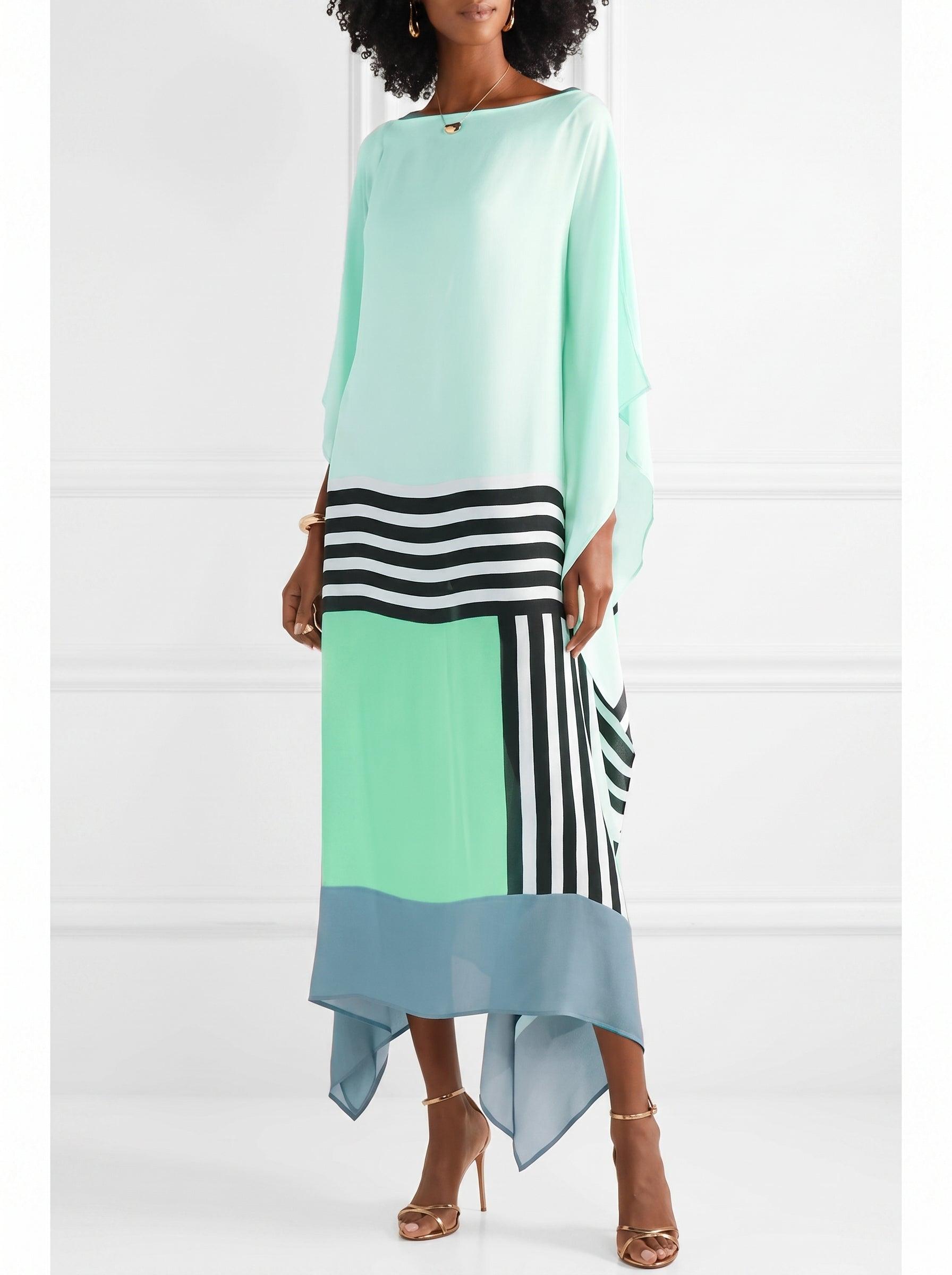 Women's Caftan Maxi Dress with Batwing Cape Sleeves and Geometric Print