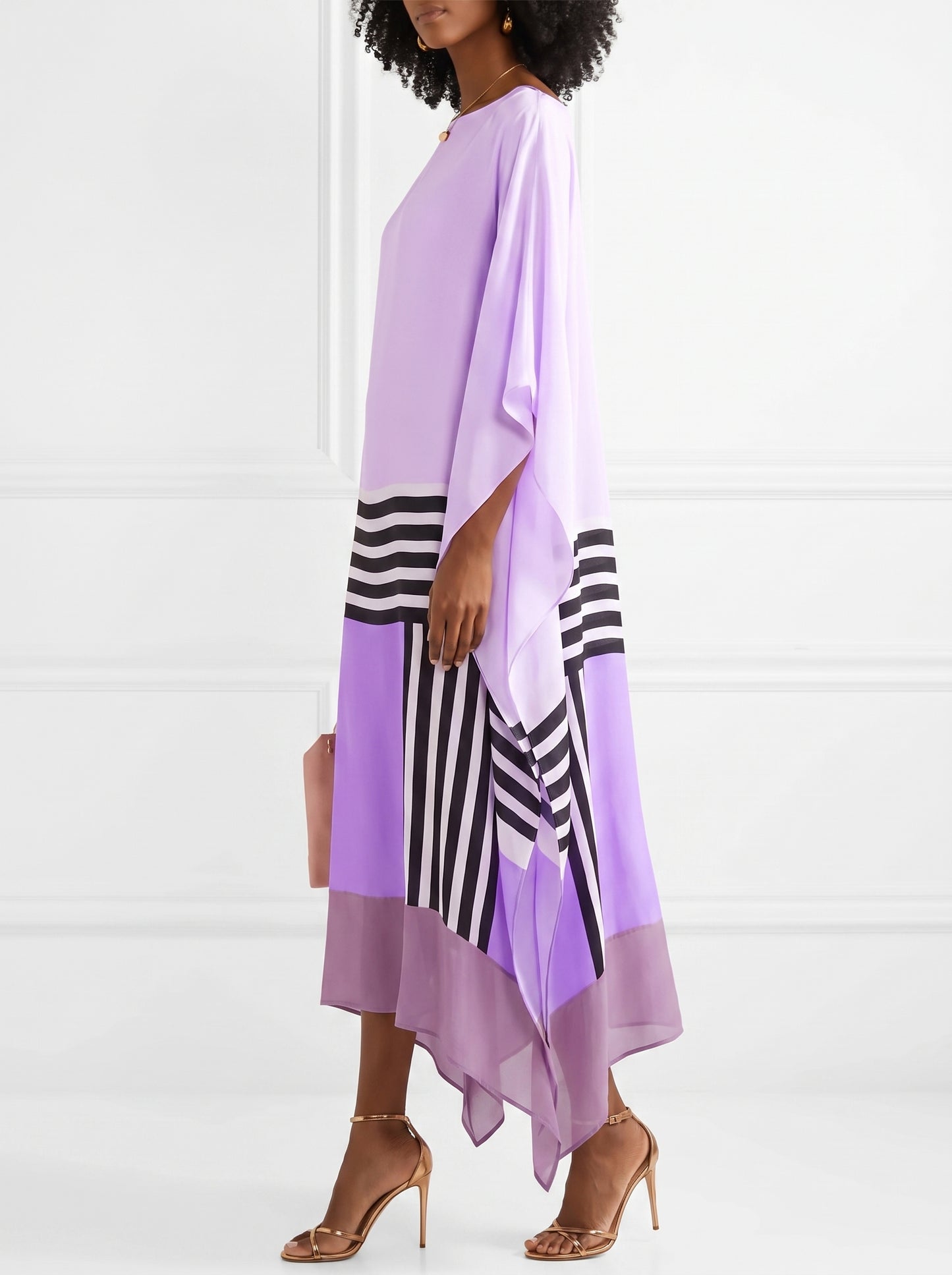 Women's Caftan Maxi Dress with Batwing Cape Sleeves and Geometric Print
