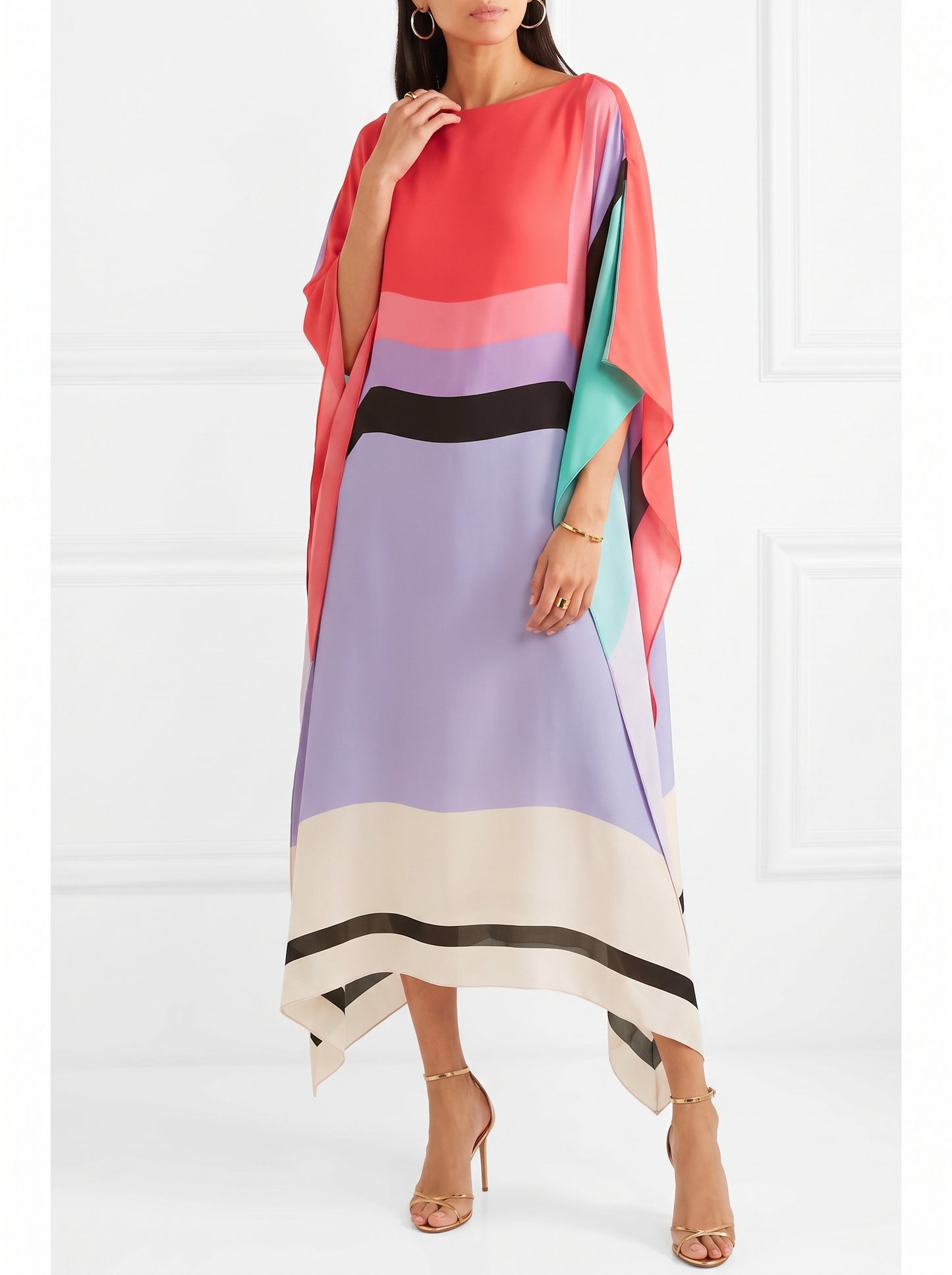 Women's Caftan Maxi Dress with Batwing Cape Sleeves and Geometric Print