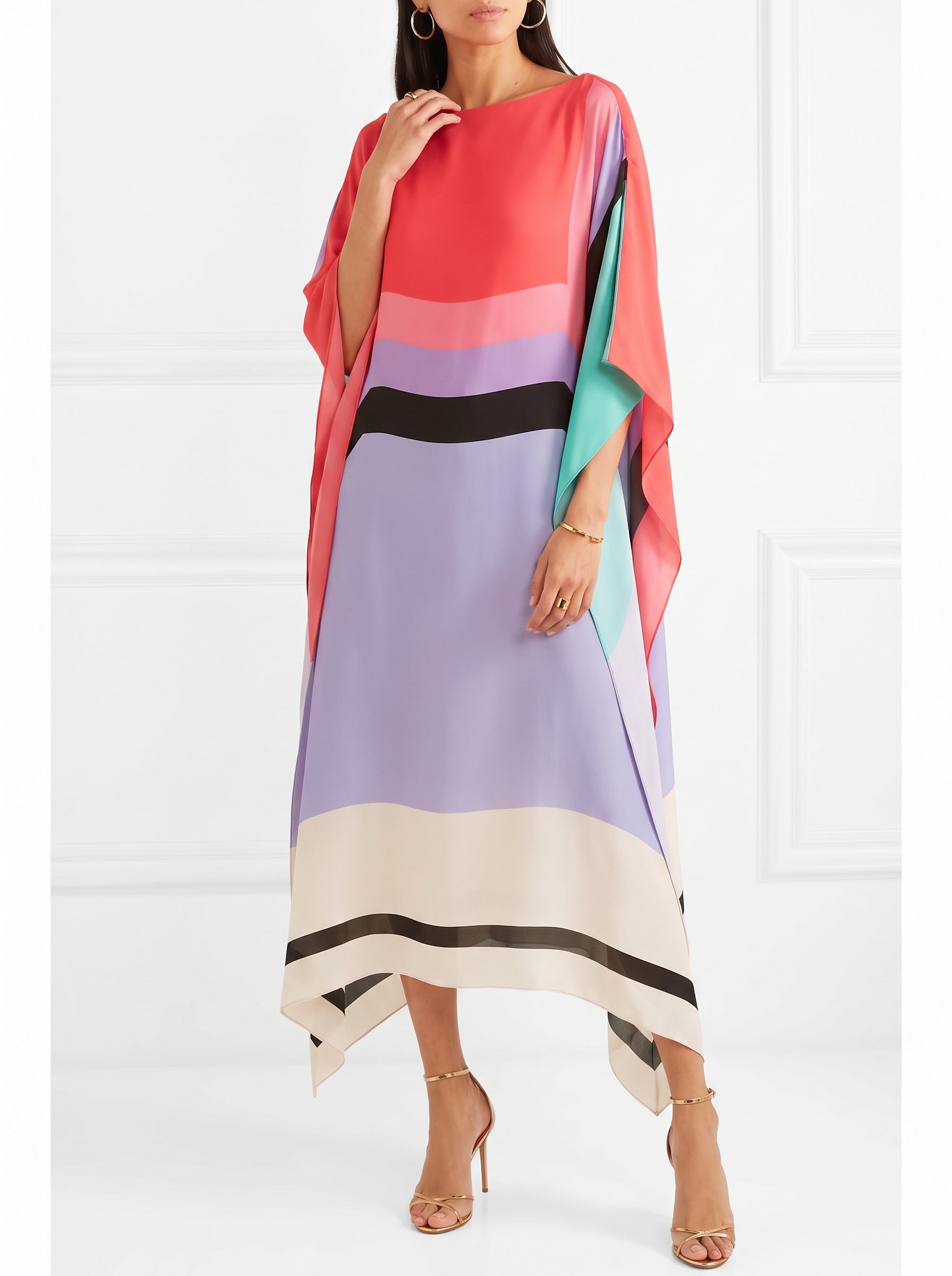 Women's Caftan Maxi Dress with Batwing Cape Sleeves and Geometric Print