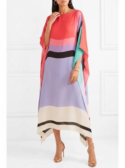 Women's Caftan Maxi Dress with Batwing Cape Sleeves and Geometric Print