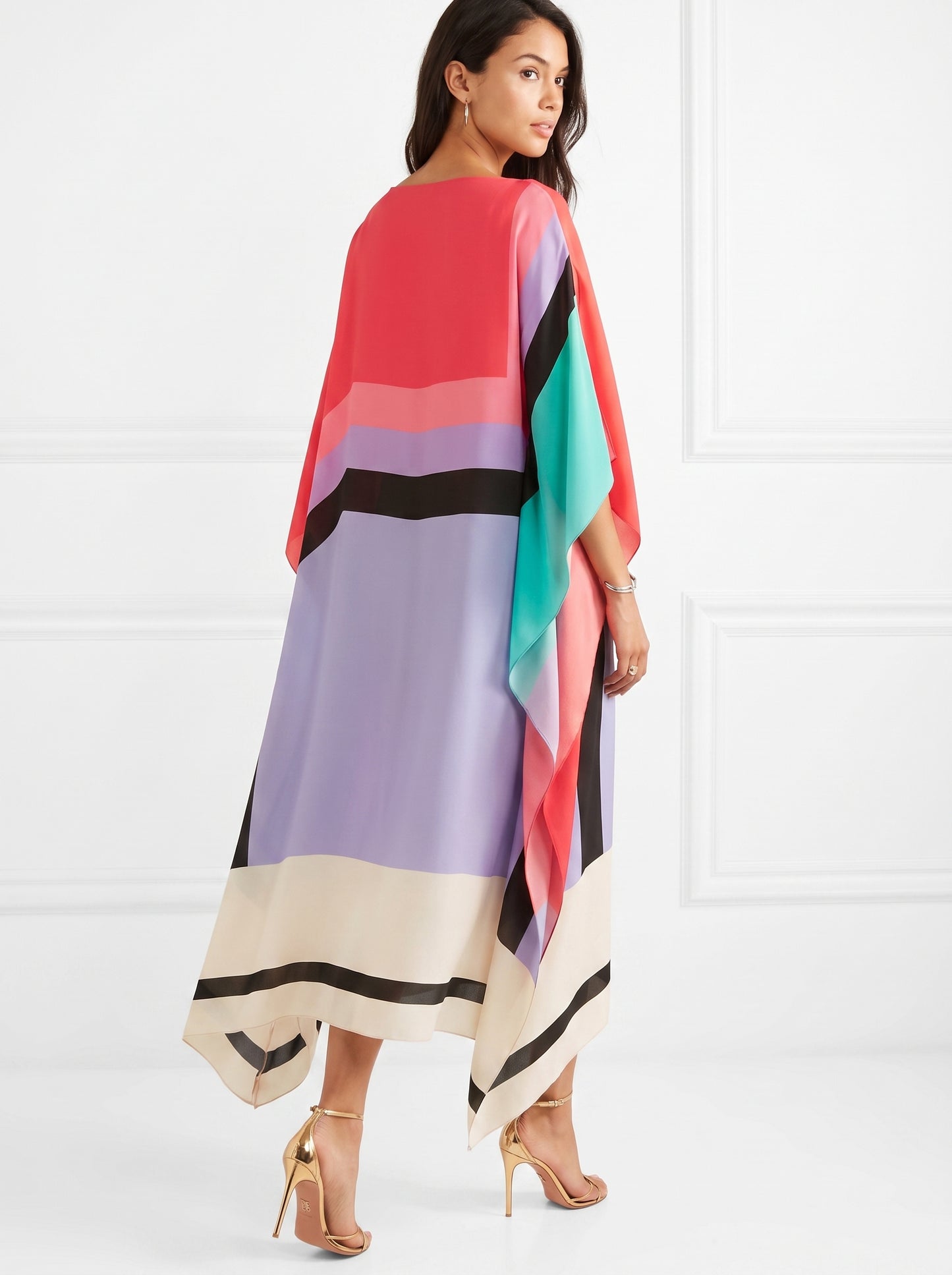 Women's Caftan Maxi Dress with Batwing Cape Sleeves and Geometric Print