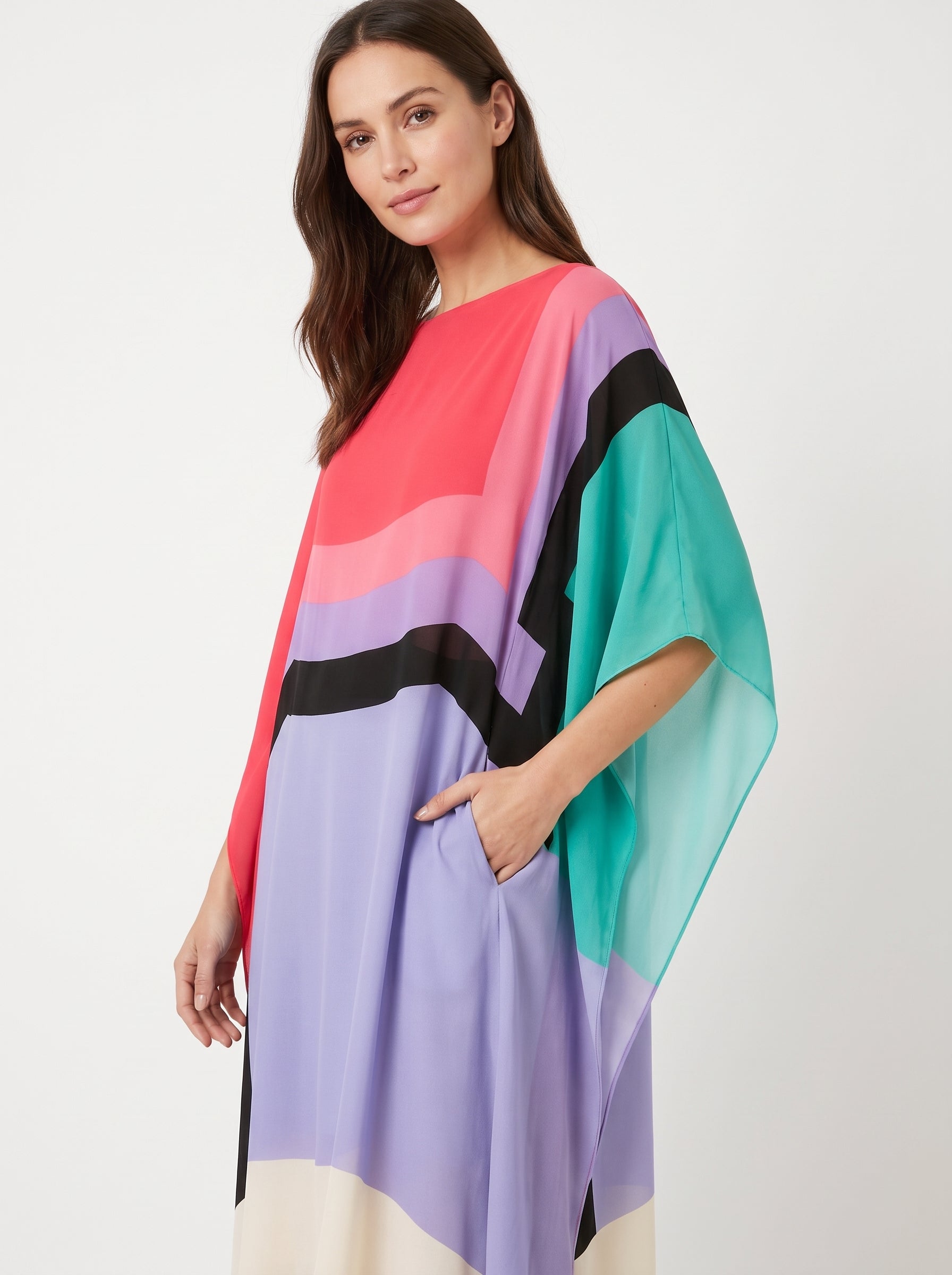 Women's Caftan Maxi Dress with Batwing Cape Sleeves and Geometric Print