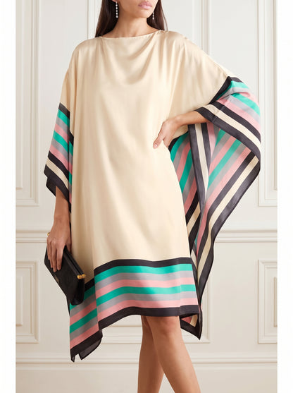 Women's Caftan Maxi Dress with Batwing Cape Sleeves and Geometric Print