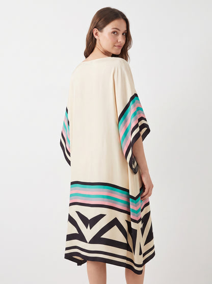 Women's Caftan Maxi Dress with Batwing Cape Sleeves and Geometric Print