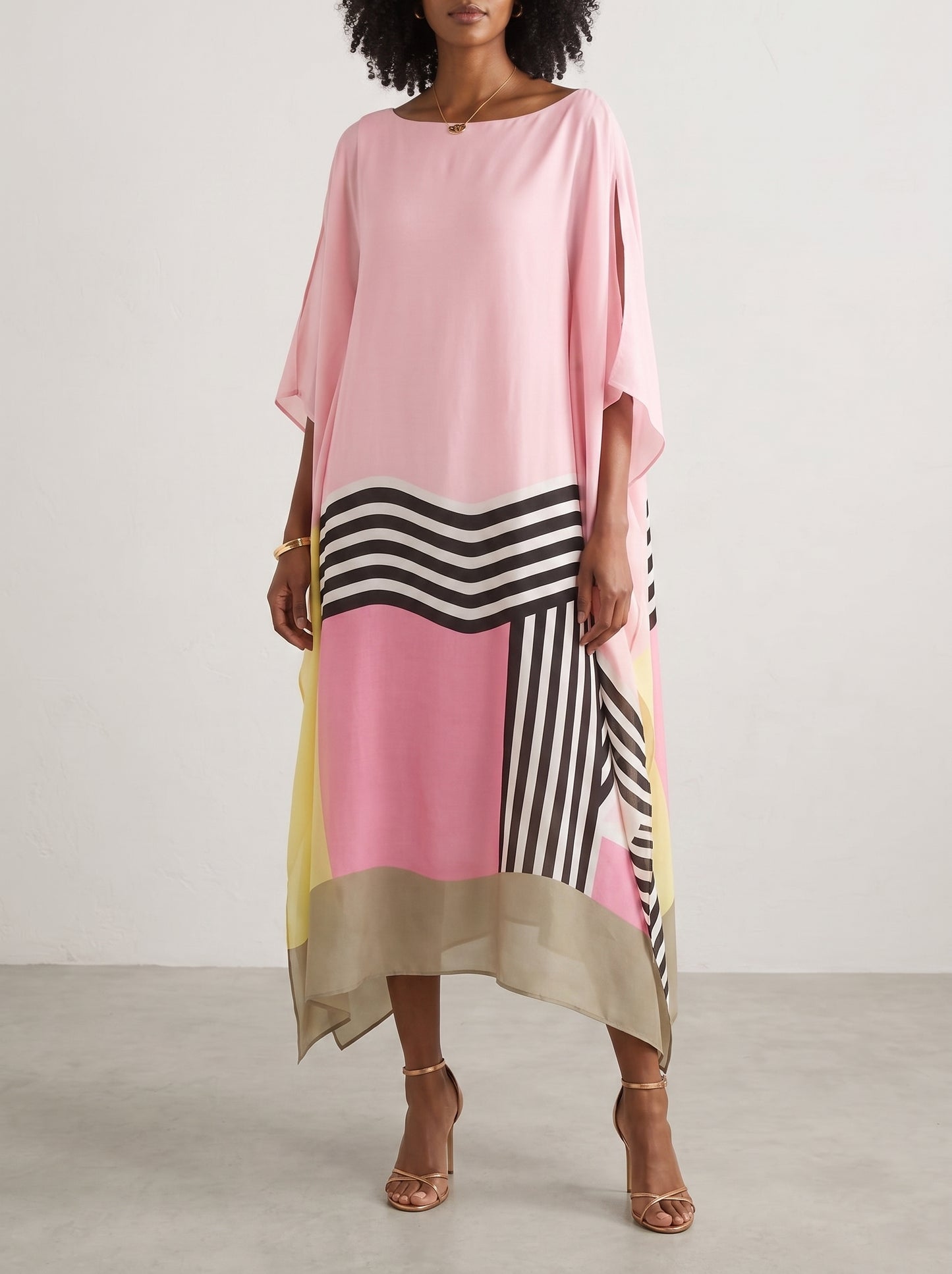 Women's Caftan Maxi Dress with Batwing Cape Sleeves and Geometric Print