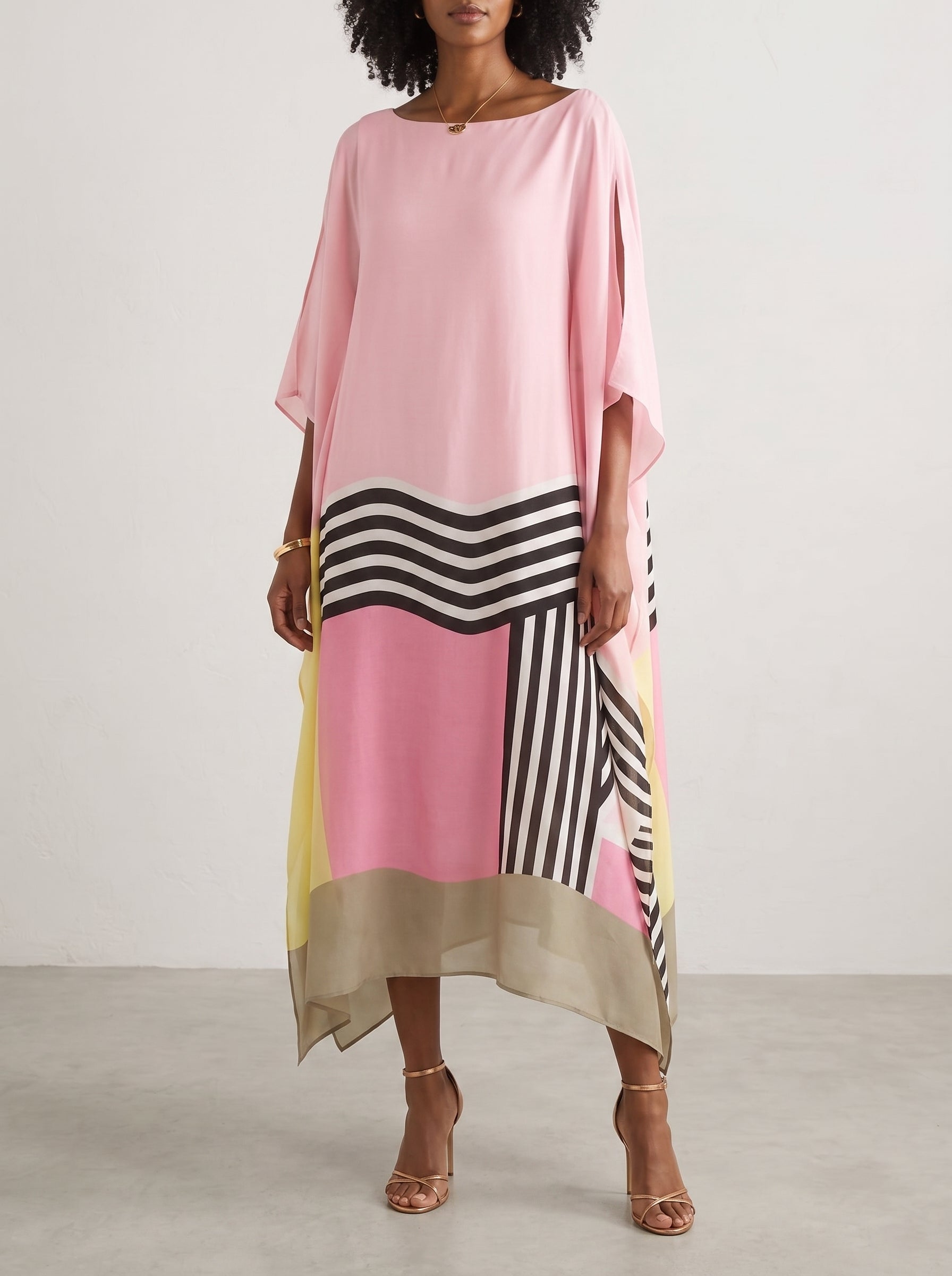 Women's Caftan Maxi Dress with Batwing Cape Sleeves and Geometric Print