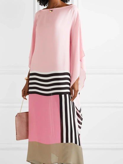 Women's Caftan Maxi Dress with Batwing Cape Sleeves and Geometric Print