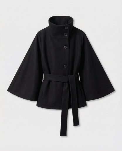 Women's Cape Jacket with Stand Collar, Cape Sleeves and Tie Belt