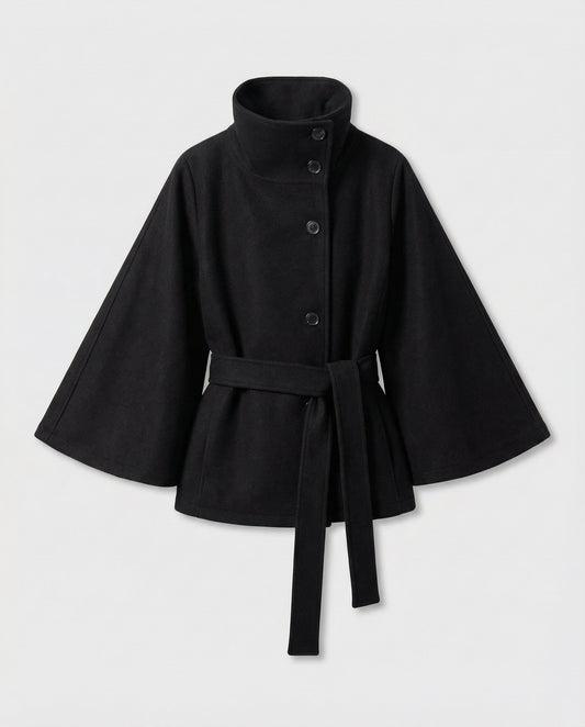 Women's Cape Jacket with Stand Collar, Cape Sleeves and Tie Belt
