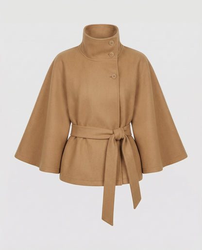 Women's Cape Jacket with Stand Collar, Cape Sleeves and Tie Belt