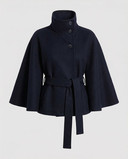 Women's Cape Jacket with Stand Collar, Cape Sleeves and Tie Belt