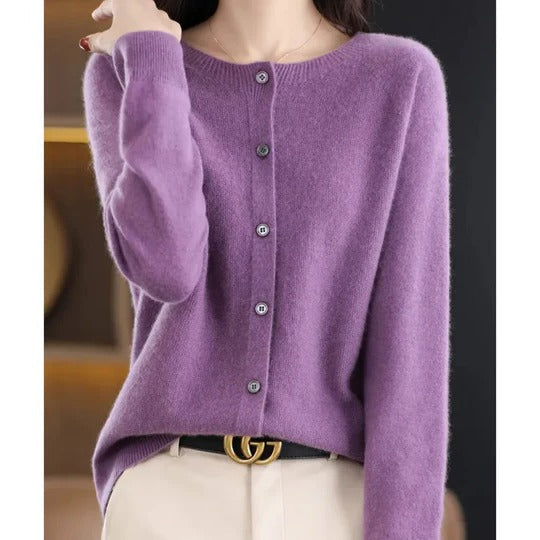 Women's Cardigan with Long Sleeves, Round Neck and Button Closure