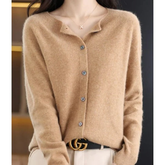 Women's Cardigan with Long Sleeves, Round Neck and Button Closure