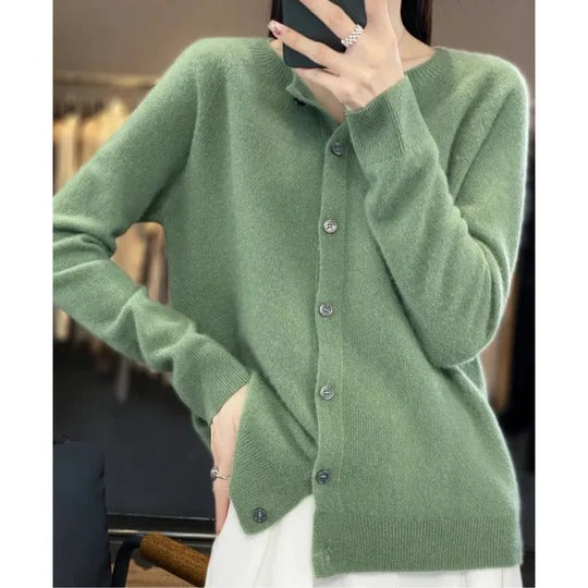 Women's Cardigan with Long Sleeves, Round Neck and Button Closure