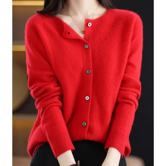 Women's Cardigan with Long Sleeves, Round Neck and Button Closure