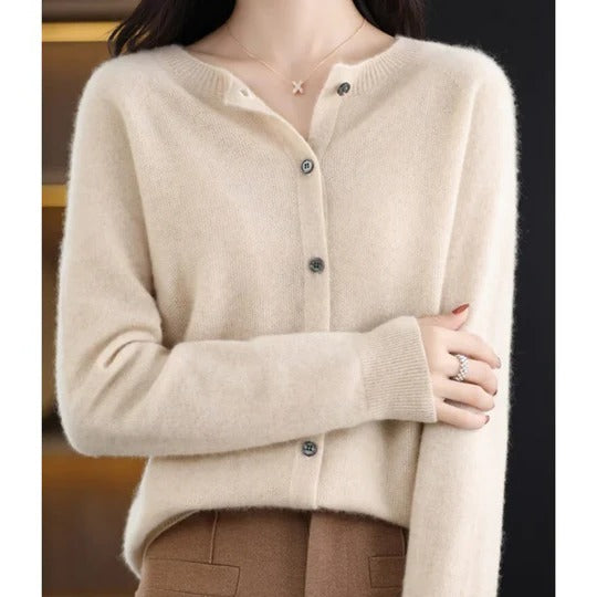 Women's Cardigan with Long Sleeves, Round Neck and Button Closure