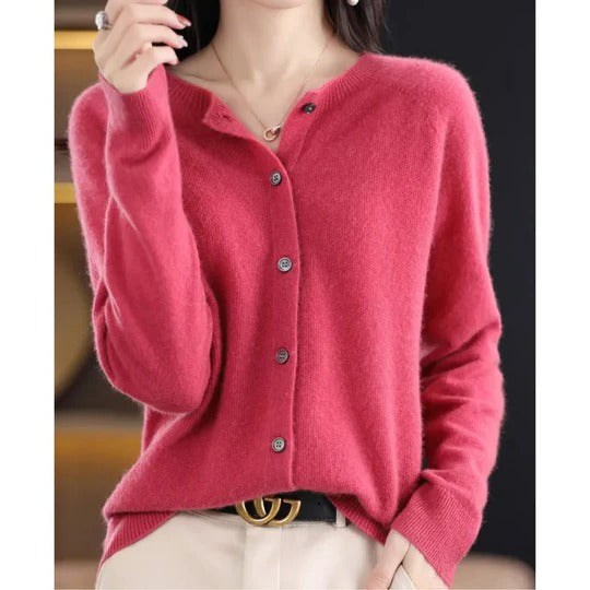 Women's Cardigan with Long Sleeves, Round Neck and Button Closure