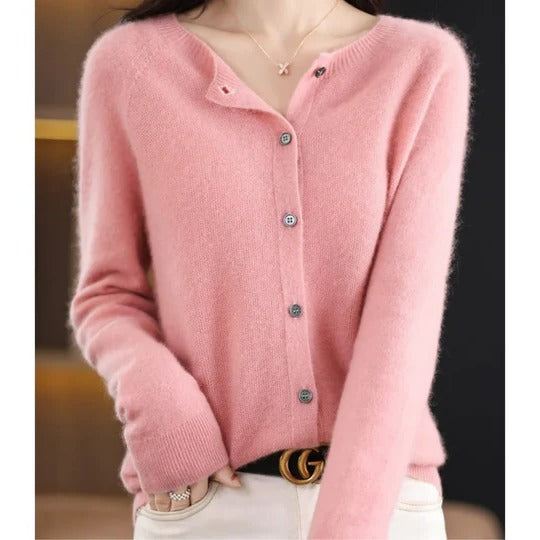 Women's Cardigan with Long Sleeves, Round Neck and Button Closure