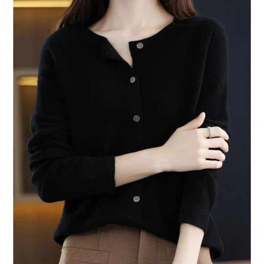 Women's Cardigan with Long Sleeves, Round Neck and Button Closure