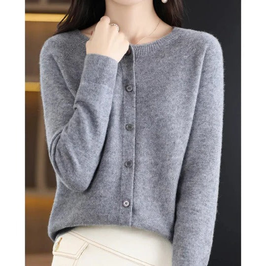 Women's Cardigan with Long Sleeves, Round Neck and Button Closure