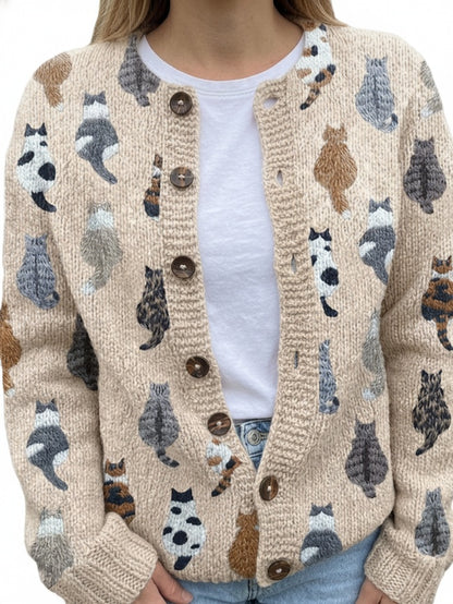Women's Cardigan with Round Neck, Button Closure and Cat Print