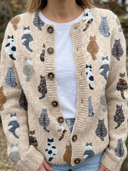 Women's Cardigan with Round Neck, Button Closure and Cat Print