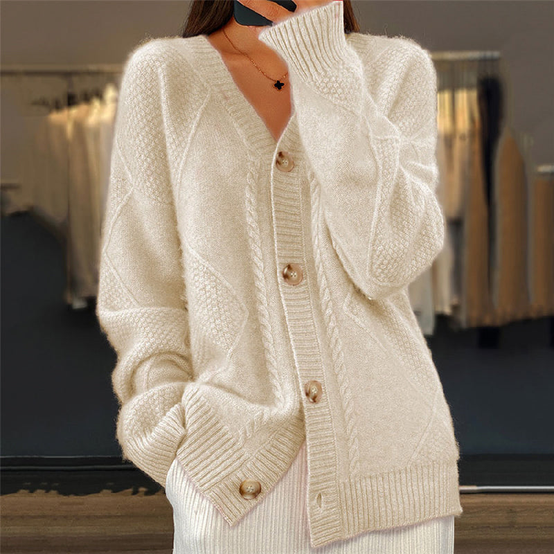 Women's Cardigan with V-Neck, Button Front and Cable-Knit Pattern