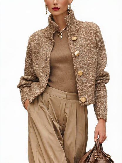 Women's Cropped Cardigan Jacket with Stand Collar and Gold Button Closure