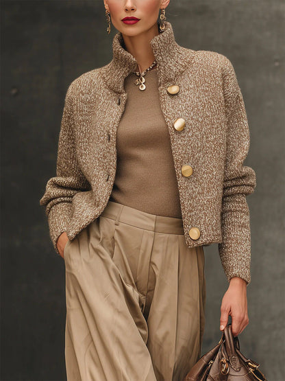 Women's Cropped Cardigan Jacket with Stand Collar and Gold Button Closure