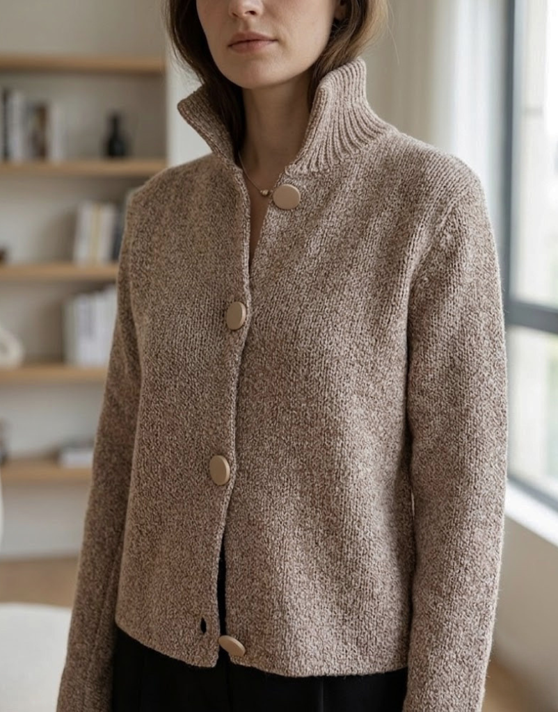 Women's Cropped Cardigan Jacket with Stand Collar and Gold Button Closure