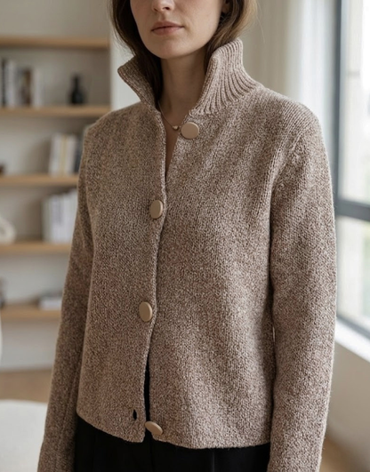 Women's Cropped Cardigan Jacket with Stand Collar and Gold Button Closure
