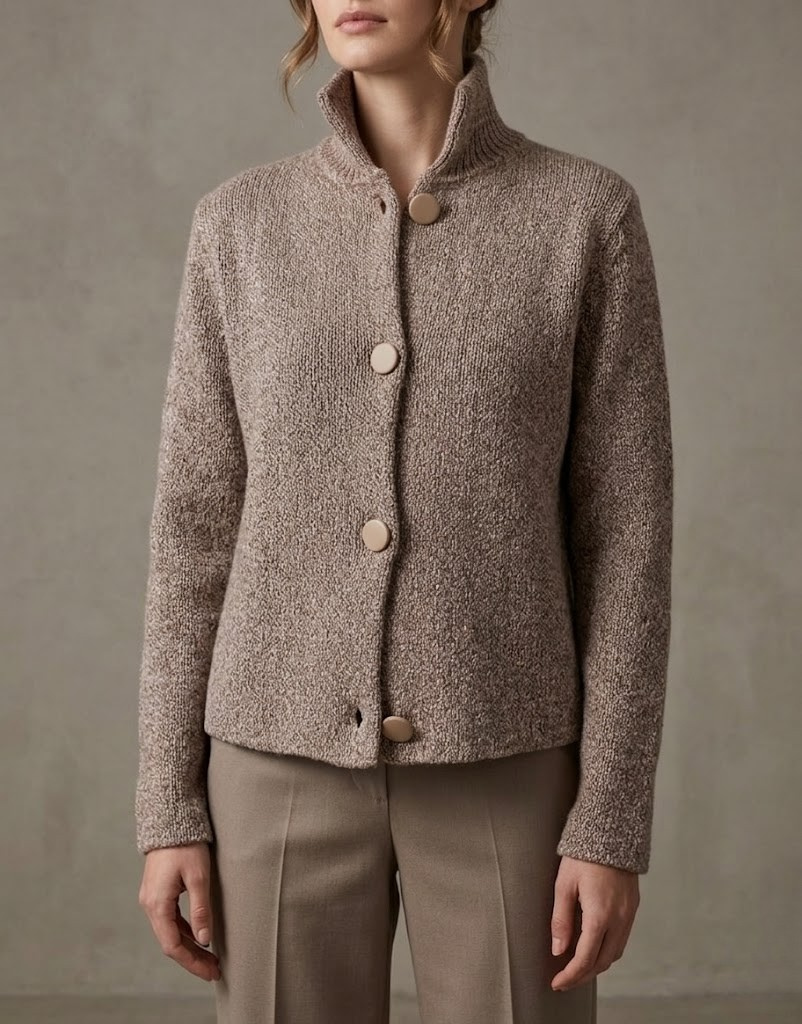 Women's Cropped Cardigan Jacket with Stand Collar and Gold Button Closure