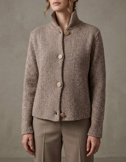 Women's Cropped Cardigan Jacket with Stand Collar and Gold Button Closure