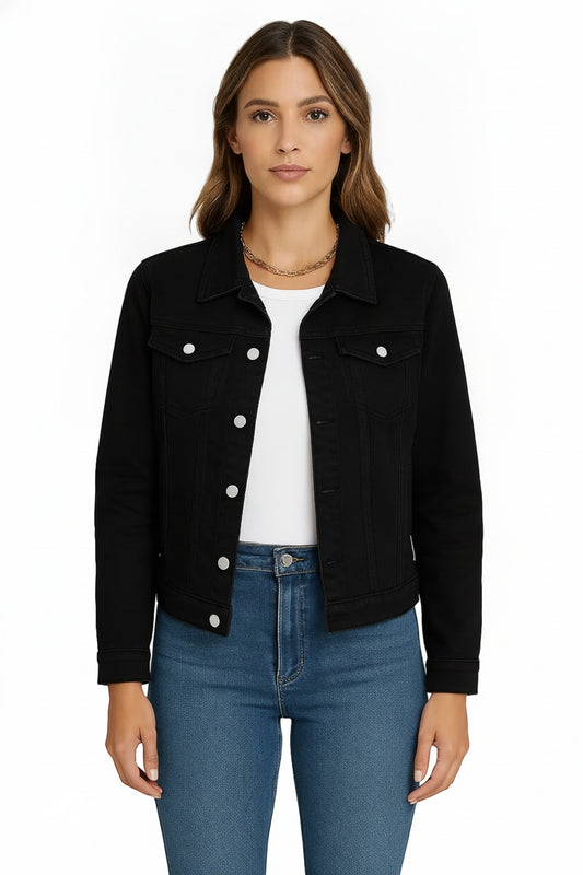 Women's Denim Jacket Long Sleeve with Button Closure and Chest Pockets