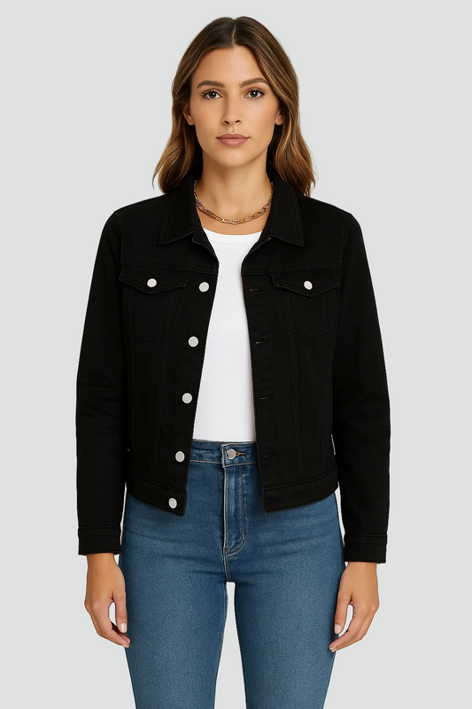 Women's Denim Jacket Long Sleeve with Button Closure and Chest Pockets